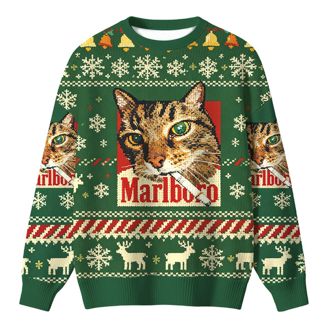 Uglysweatershops Funny Smoking Cat Green Christmas Ugly Sweater