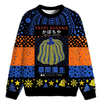 Uglysweatershops Art Navy Yellow Pumpkin Fuzzy Christmas Ugly Sweatshirt