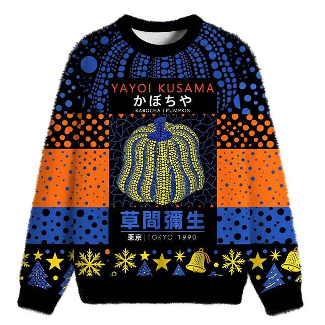 Uglysweatershops Art Navy Yellow Pumpkin Fuzzy Christmas Ugly Sweatshirt