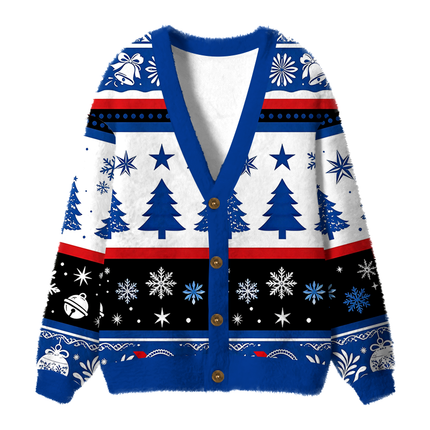 Uglysweatershops Retro Blue Ribbon Fuzzy Ugly Cardigan Sweatshirt