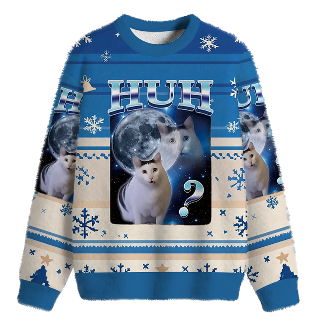Uglysweatershops Huh Cat Funny Dank Meme Moon Fuzzy Christmas Ugly Sweatshirt