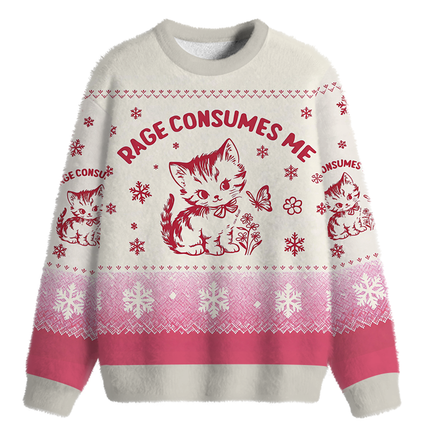 Uglysweatershops Rage Consumes Me Pink Cat Fuzzy Christmas Ugly Sweatshirt