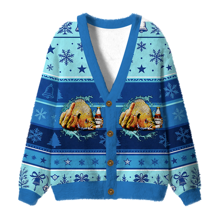 Uglysweatershops Vintage Freshwater Fish Fuzzy Ugly Cardigan Sweatshirt