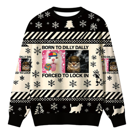 Uglysweatershops Born to Dilly Dally Funny Cat Meme Christmas Ugly Sweater