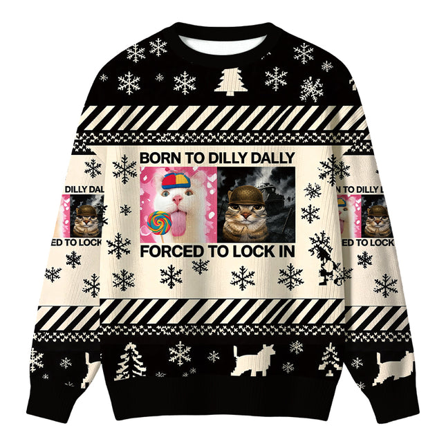 Uglysweatershops Born to Dilly Dally Funny Cat Meme Christmas Ugly Sweater