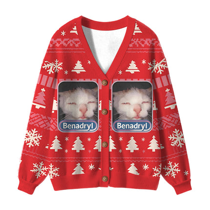 Uglysweatershops Red Psychedelic Cat Ugly Cardigan Sweater