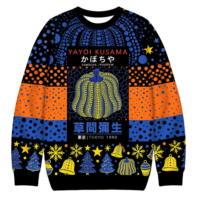 Uglysweatershops Art Navy Yellow Pumpkin Christmas Ugly Sweatshirt