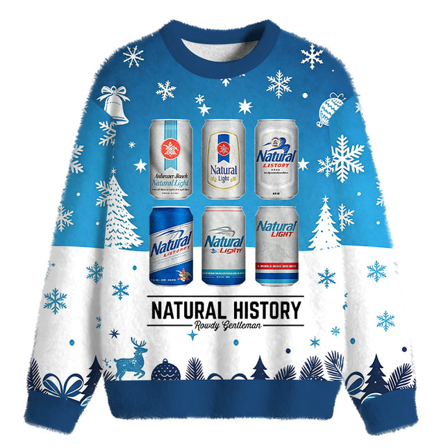Uglysweatershops Vintage Retro Beer Can Collection Fuzzy Christmas Ugly Sweatshirt