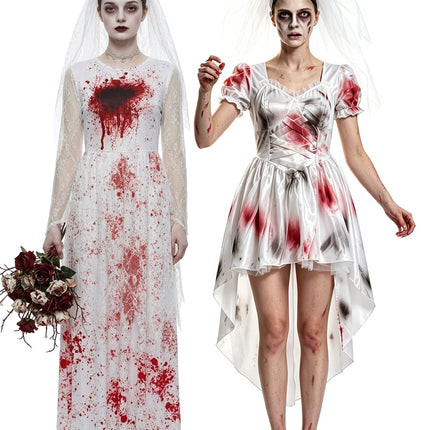 Uglysweatershops Halloween Ghost Bride Bloodstained White Wedding Dress-no flowers