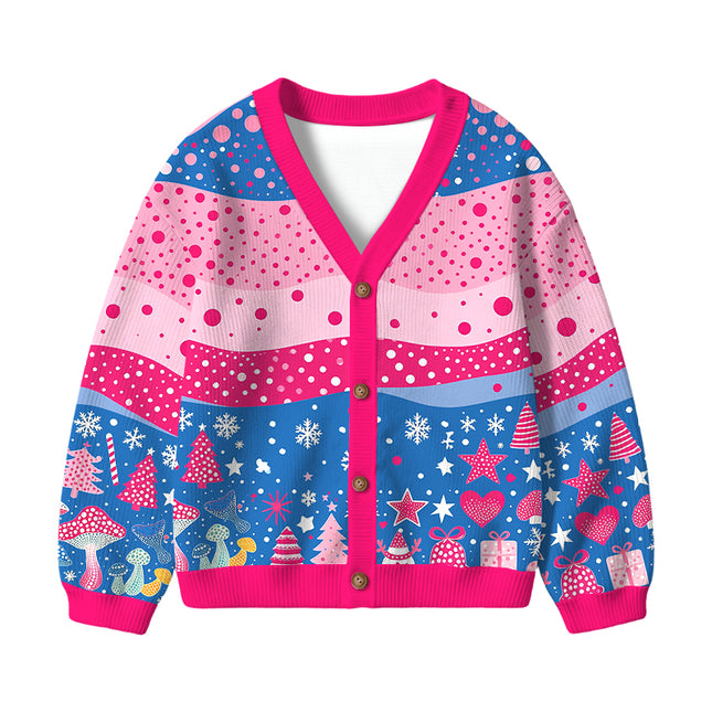 Uglysweatershops Art Pink Mushroom Vintage Kids Ugly Cardigan Sweater