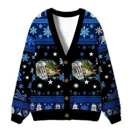 Uglysweatershops Retro Trout Fishing Fuzzy Ugly Cardigan Sweatshirt