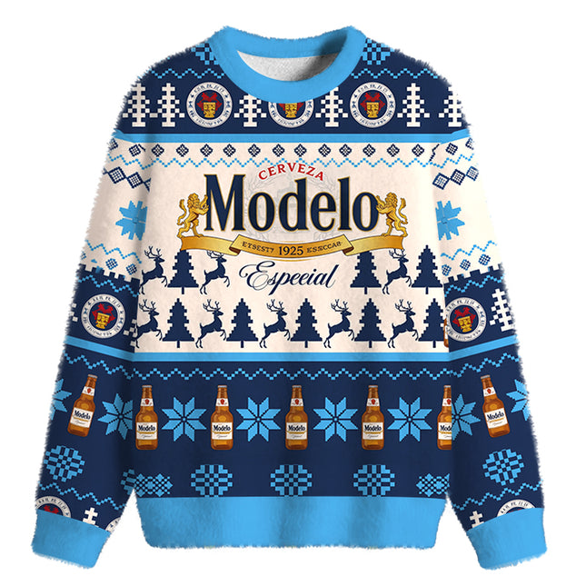 Uglysweatershops Retro Cerveza Winter Scene Fuzzy Christmas Ugly Sweatshirt