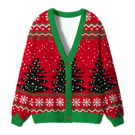 Uglysweatershops Happy Little Xmas Trees Fuzzy Ugly Cardigan Sweatshirt