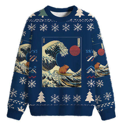 Uglysweatershops Capybara Surfing Fuzzy Christmas Ugly Sweatshirt