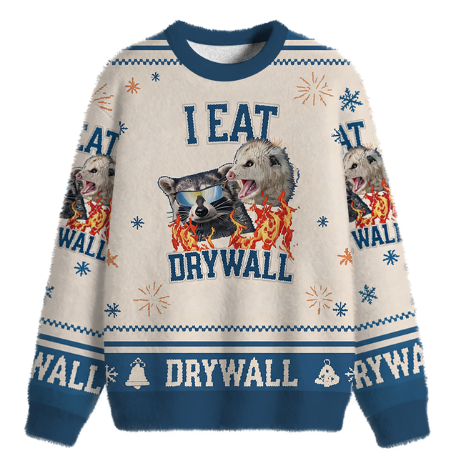 Uglysweatershops I Eat Drywall Fuzzy Christmas Ugly Sweatshirt