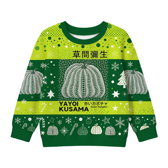 Uglysweatershops Art Green Pumpkin Vintage Kids Ugly Sweater