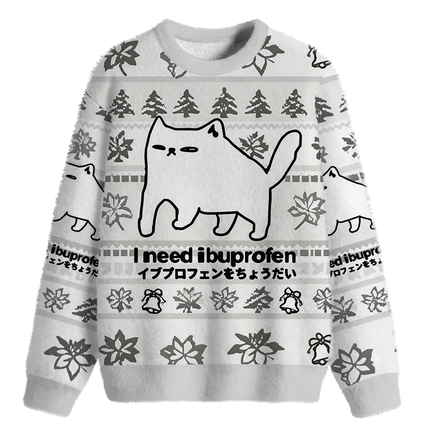 Uglysweatershops I Need Ibuprofen Cat Fuzzy Christmas Ugly Sweatshirt