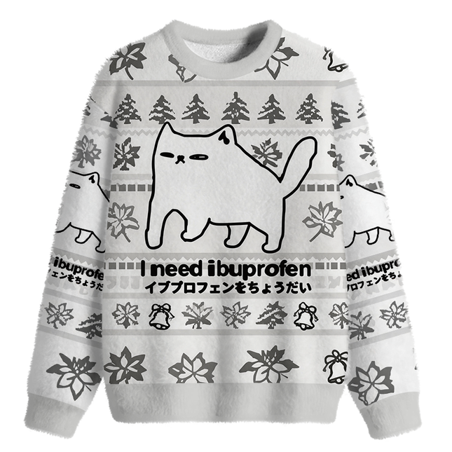 Uglysweatershops I Need Ibuprofen Cat Fuzzy Christmas Ugly Sweatshirt
