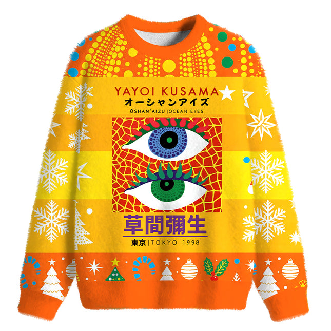 Uglysweatershops Japanese Art Eyes Fuzzy Christmas Ugly Sweatshirt