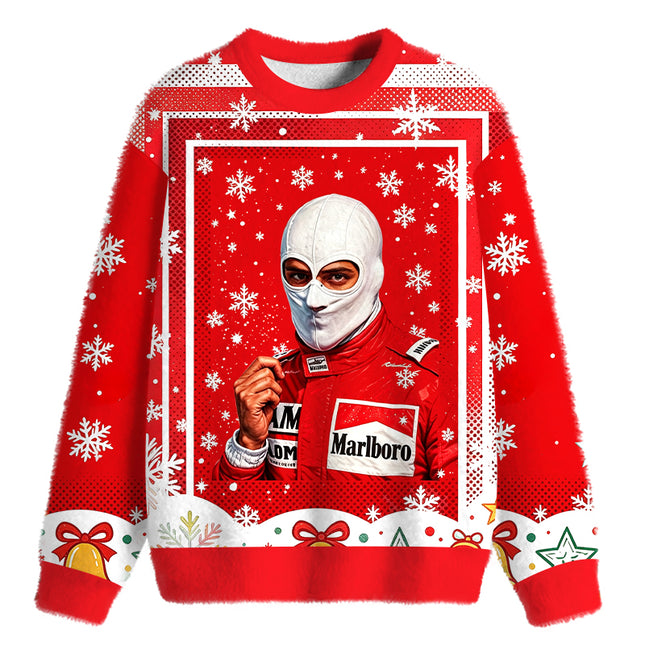 Uglysweatershops Retro Formula Racing Driver Fuzzy Christmas Ugly Sweatshirt
