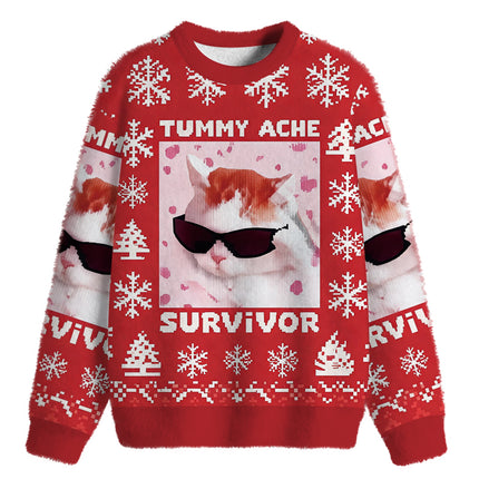 Uglysweatershops Tummy Ache Survivor Funny Cat Meme Fuzzy Christmas Ugly Sweatshirt