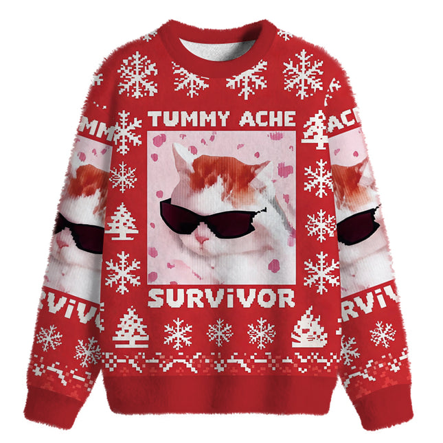 Uglysweatershops Tummy Ache Survivor Funny Cat Meme Fuzzy Christmas Ugly Sweatshirt