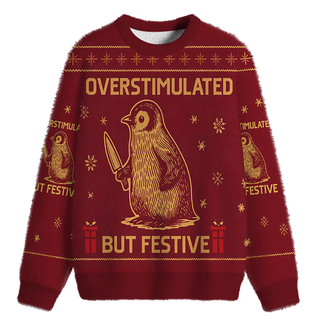 Uglysweatershops Penguin Overstimulated but Festive Fuzzy Christmas Ugly Sweatshirt