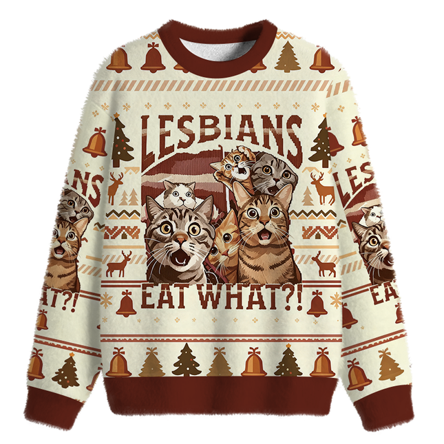 Uglysweatershops Lesbians Eat What Funny Fuzzy Christmas Ugly Sweatshirt
