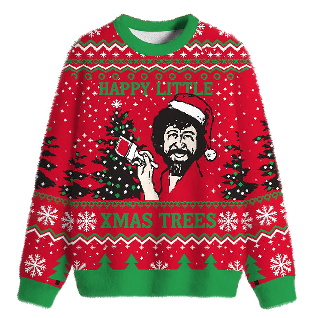 Uglysweatershops Happy Little Xmas Trees Fuzzy Christmas Ugly Sweatshirt