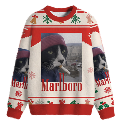 Uglysweatershops Red Smoking Cat Meme Fuzzy Christmas Ugly Sweatshirt