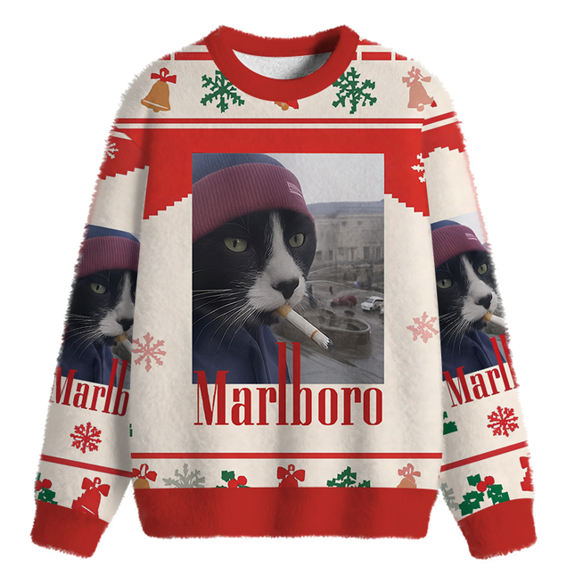 Uglysweatershops Red Smoking Cat Meme Fuzzy Christmas Ugly Sweatshirt