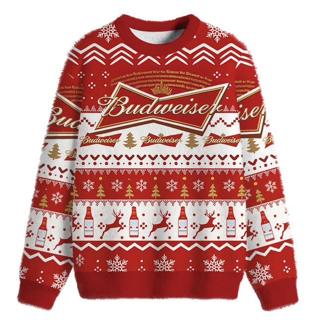 Uglysweatershops Red Beer Fuzzy Christmas Ugly Sweatshirt