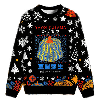 Uglysweatershops Blue Yellow Pumpkin Fuzzy Christmas Ugly Sweatshirt