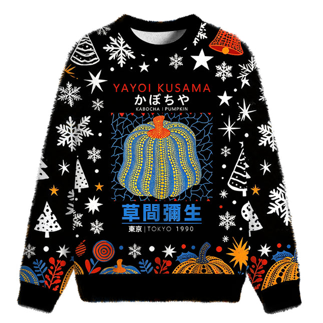 Uglysweatershops Blue Yellow Pumpkin Fuzzy Christmas Ugly Sweatshirt