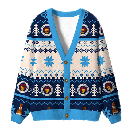 Uglysweatershops Retro Cerveza Winter Scene Fuzzy Ugly Cardigan Sweatshirt