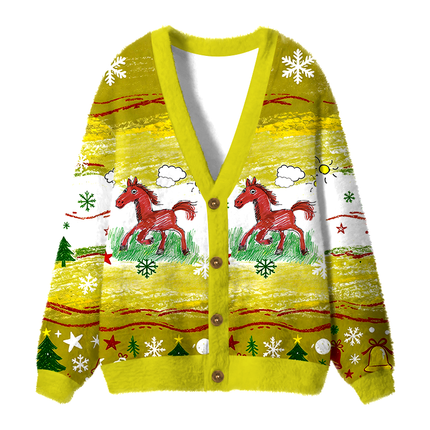 Uglysweatershops Red Horse Fuzzy Ugly Cardigan Sweatshirt