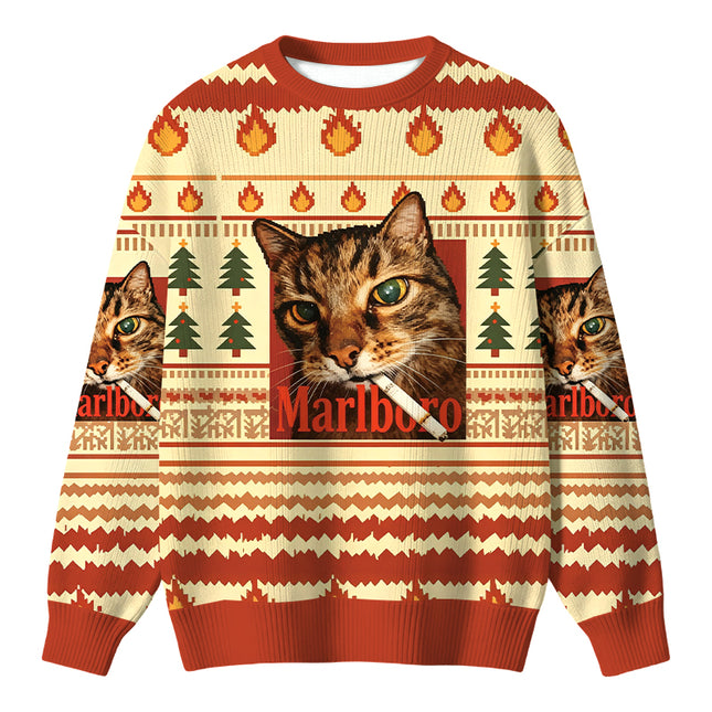 Uglysweatershops Funny Smoking Cat Christmas Ugly Sweater