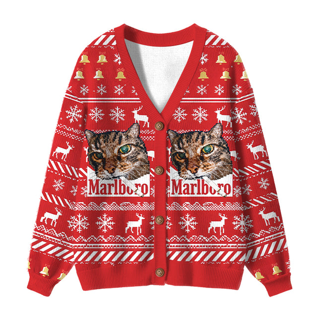 Uglysweatershops Red Funny Smoking Cat Meme Ugly Cardigan Sweater