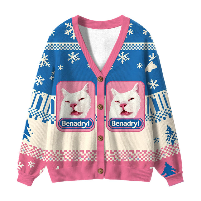 Uglysweatershops Drowsy Meme Cat Ugly Cardigan Sweater