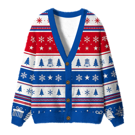 Uglysweatershops Red White Mountain Fuzzy Ugly Cardigan Sweatshirt