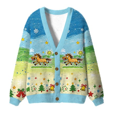 Uglysweatershops Powered Horse Fuzzy Ugly Cardigan Sweatshirt