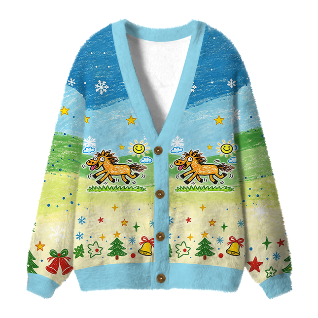 Uglysweatershops Powered Horse Fuzzy Ugly Cardigan Sweatshirt