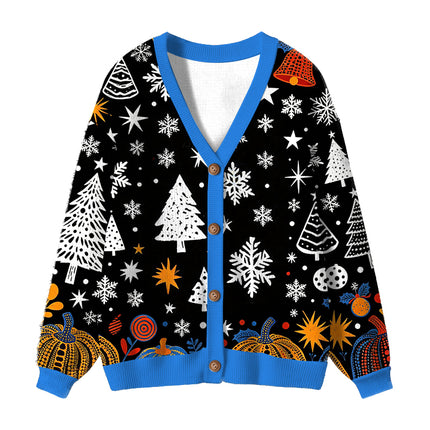 Uglysweatershops Blue Yellow Pumpkin Ugly Cardigan Sweater