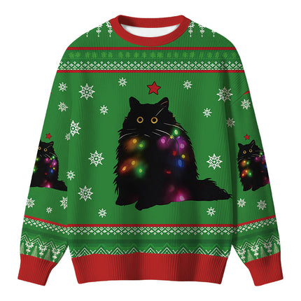 Uglysweatershops Lights Cat Green Christmas Ugly Sweater