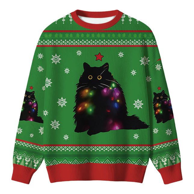 Uglysweatershops Lights Cat Green Christmas Ugly Sweater
