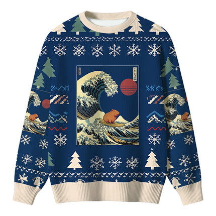 Uglysweatershops Capybara Surfing Christmas Ugly Sweater
