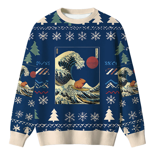 Uglysweatershops Capybara Surfing Christmas Ugly Sweater