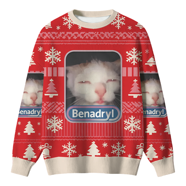 Uglysweatershops Red Psychedelic Cat Christmas Ugly Sweater