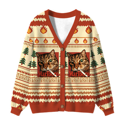 Uglysweatershops Funny Smoking Cat Ugly Cardigan Sweater