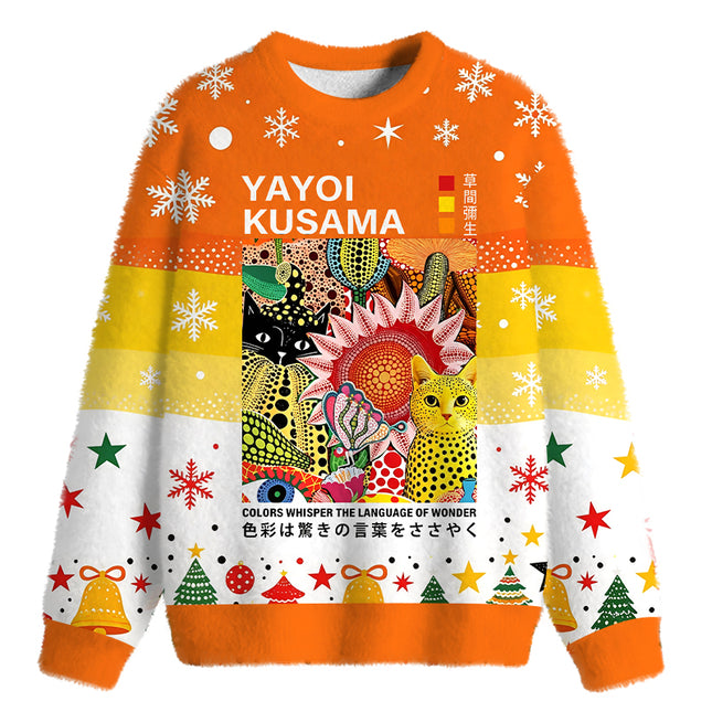 Uglysweatershops Cats and Flowers Fuzzy Christmas Ugly Sweatshirt